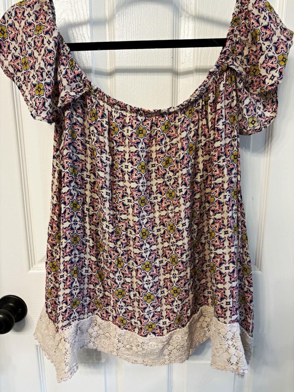 Xhilaration 2XL Multicolor Floral Lace Scoop Neck Short Sleeve Top Cottage Y2K